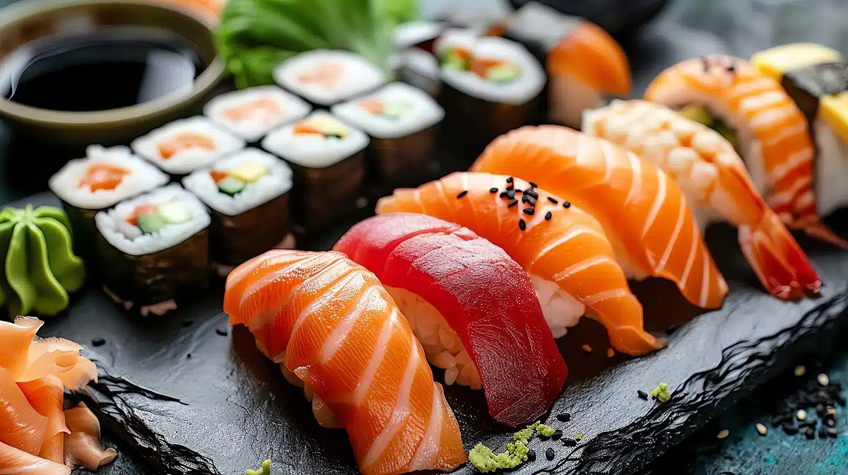 sajian ikan tuna sushi dan sashimi dari daging ikan tuna potong segar